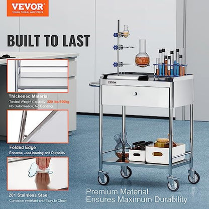 VEVOR Medical Cart, 2-Layer Stainless Steel Cart 220 lbs Weight Capacity, Lab Utility Cart with 360° Silent Wheels and a Drawer for Lab, Clinic, Kitchen, Salon - size: 2-tier with 1 drawer