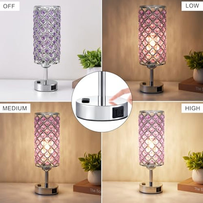 Hong-in Crystal Lamps Set of 2, 3 Way Dimmable Touch Lamp with Crystal Shade, Bedside Nightstand Lamps for Living Room Bedroom Home Office(Purple) - color: Purple