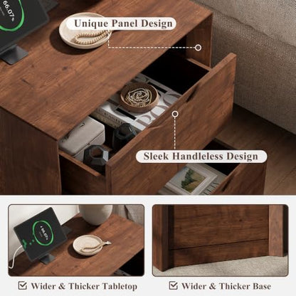 YANSNWO Walnut Nightstand with Charging Station, 23.6" Modern Bedside Table with Thickened Frame & Unique Panel, Mid Century Wood End Table for Bedroom, Living Room - color: Walnut, size: 15.6"D x 23.6"W x 23.6"H (2 Drawers)
