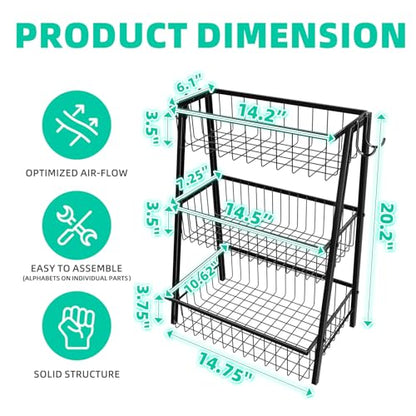 Simple Trending 3-Tier Trapezoidal Fruit Basket with 4 Banana Hooks, Extra Large Metal Wire Kitchen Organizer for Countertop - Rust-Proof for Fruits, Vegetables, Snacks, Bread Storage, Black - style: 3 Tier Black-Hooks