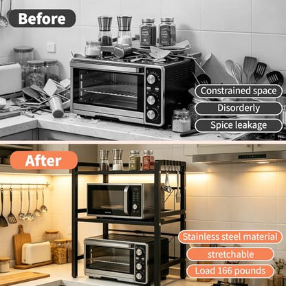 Microwave Oven Rack, Heavy Duty 3-Tier Adjustable Shelf Microwave Stand, Expandable Kitchen Countertop Shelf Organizer with 6 Hooks, 100lbs Weight Capacity for kitchen organizers and storage, Black - size: Adjustable 3 Tier