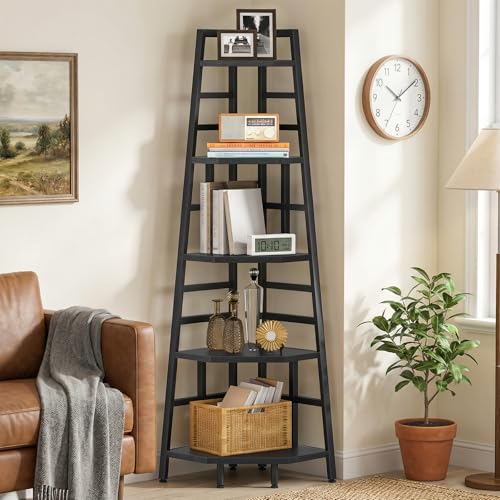 CHOEZON 70.1-Inch 5-Tier Tall Corner Shelf, Narrow Bookshelf for Small Spaces, Industrial Bookcase Display Stand for Living Room, Bedroom, Office, Black TCJ25BB - color: Black