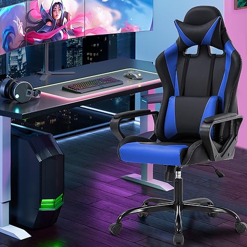 PayLessHere Ergonomic Racing Desk Chair Gaming Chair Computer Chair with Armrests 360° Swivel & Caster Pu Desk Task Chair Executive Headrest Lumbar Support for Back Pain Women Men and Adults, Blue - color: Blue