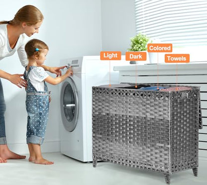 Laundry Hamper with 4 Removable Liner Bags; 176L Handwoven Rattan Laundry Basket with Lid & Heightened Feet; Clothes Hamper with Side Handles - color: Gray, size: 176L-4 Section