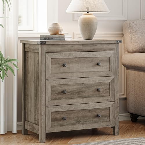 Xixini Farmhouse Nightstand with 3 Storage Drawers, 27.55" Wide Wood Bedside Table, Modern Side Table with Metal Handle, End Table for Bedroom, Grey - color: Grey