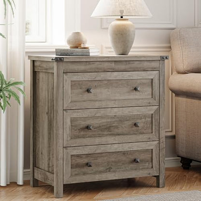 Xixini Farmhouse Nightstand with 3 Storage Drawers, 27.55" Wide Wood Bedside Table, Modern Side Table with Metal Handle, End Table for Bedroom, Grey - color: Grey