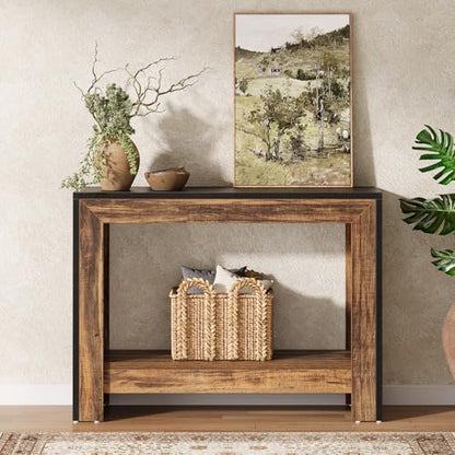 Tribesigns 41.3" Farmhouse Console Table, Behind Couch Sofa Table with Open Storage Shelves for Living Room, Hallway, Foyer, Easy Assembly, Black + Brown