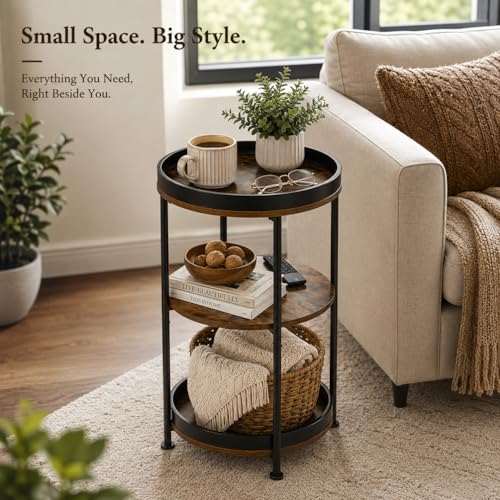 Dulcii Side Table, Round End Table with 3 Storage Shelves for Living Room, Bedroom, Nightstand with Steel Frame for Small Spaces, Industrial Round Sofa Table, Outdoor Accent Coffee Table, Rustic Brown | Round End Table with Storage for Living Room, Bedroo