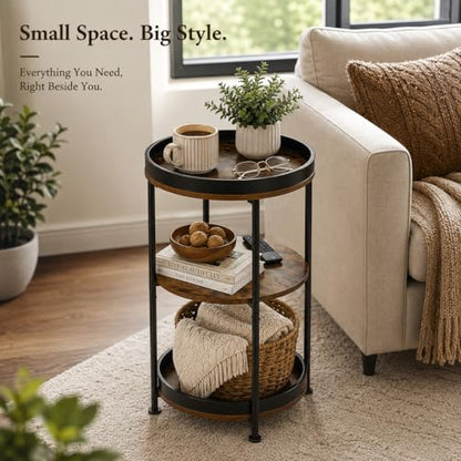 Dulcii Side Table, Round End Table with 3 Storage Shelves for Living Room, Bedroom, Nightstand with Steel Frame for Small Spaces, Industrial Round Sofa Table, Outdoor Accent Coffee Table, Rustic Brown | Round End Table with Storage for Living Room, Bedroo