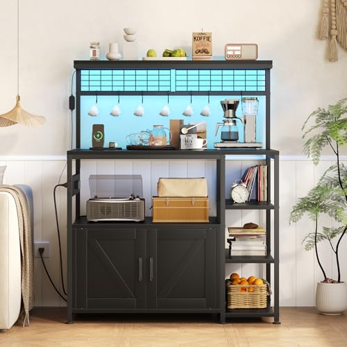 TVU Bakers Rack with Power Outlet and LED Light, Microwave Stand with Storage Cabinet, Coffee Bar Cabinet Station with 6 Hooks for Kitchen, Dining Room, Living Room, Coffee Bar, Black - color: Black