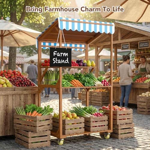 Wooden Farm Stand Cart, Solid Wood Farmers Market Stand with Wood Roof, Heavy Duty Display Table with Lockable Wheels, for Events & Small Business, Light Brown