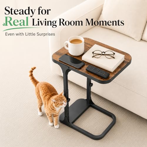 Kitstorack Ultra Stable & Durable End Table, Ajustable Height C Shaped Side Table for Couch, Sofa Side Table with Thickened Metal Frame for Living Room, Bedroom, Rustic - color: Brown