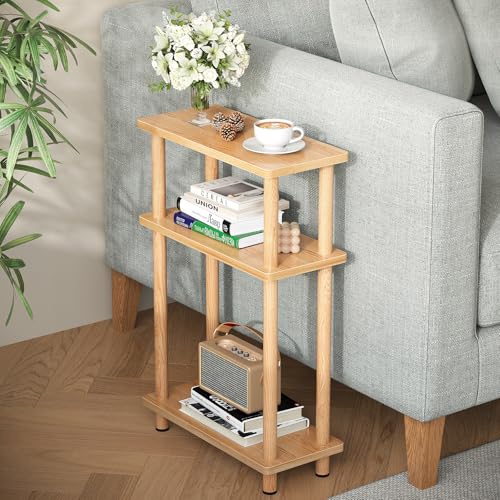 Apicizon Small Narrow Side Table, 3-Tier Skinny End Table for Small Spaces, Slim Nightstand with Storage Shelf, Bedside Table for Living Room, Bedroom, Natural - color: Natural, style: Narrow Side Table