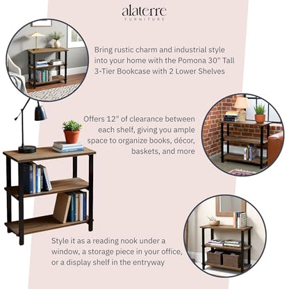 Alaterre Furniture Pomona Living Room 3-Tier Solid Wood Under-Window Bookshelf with Metal Frame – Rustic Industrial Modern Living Room Bookcase (Rustic Brown)