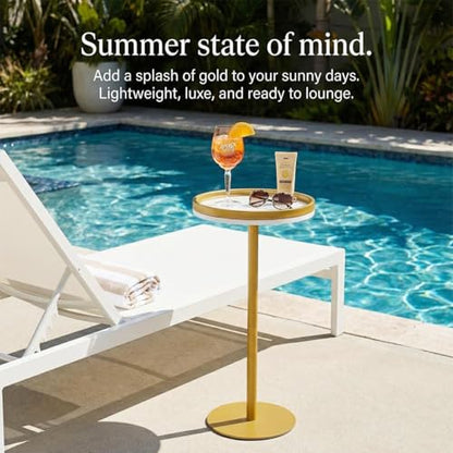 Martini Table, Small Round Drink Table with Weighted Base,Modern White & Gold Pedestal End Table with Tray Top Edge for Small Spaces, Living Room, Next to Sofa,24.7 "Tall - color: White + Gold