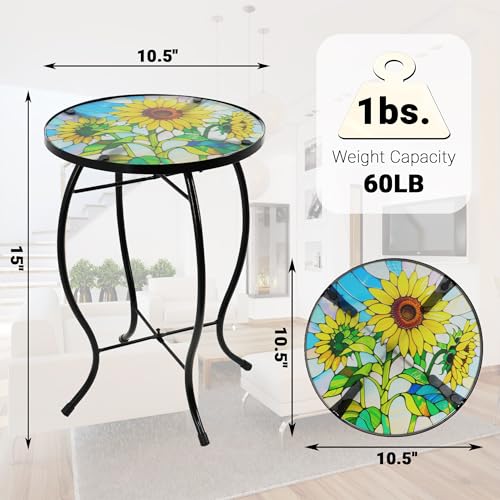 Small Side Table with Metal Frame, 10.5" Round Side Tables with Sunflower Pattern,Outdoor Table for Balcony,Terrace,Garden,Living Room - color: Sunflower