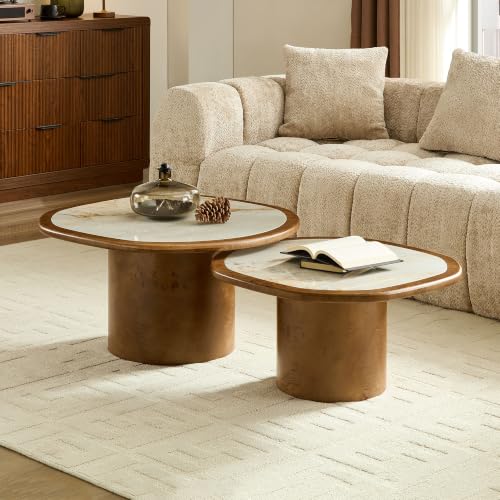 Curved Round Coffee Table Set of 2 with Sintered Stone Tabletop for Living Room, Modern Mid-Century Retro Pedestal Nesting Coffee Table, Burl Wood Veneer, Walnut, 2-Pcs - color: 2-pcs-walnut