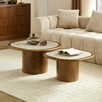 Curved Round Coffee Table Set of 2 with Sintered Stone Tabletop for Living Room, Modern Mid-Century Retro Pedestal Nesting Coffee Table, Burl Wood Veneer, Walnut, 2-Pcs - color: 2-pcs-walnut