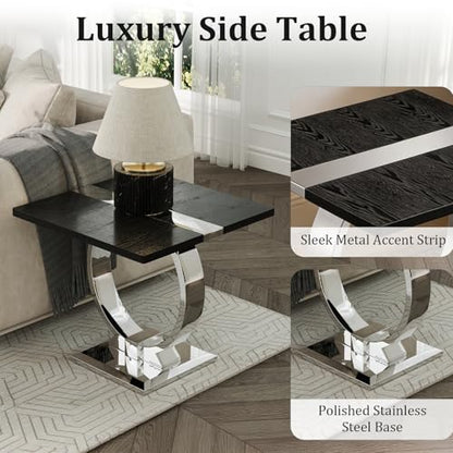 Asday Black End Table, Modern Wood Side Table, Silver End Table with U-Shaped Stainless Steel Base - color: Black and Silver, size: Set of 1