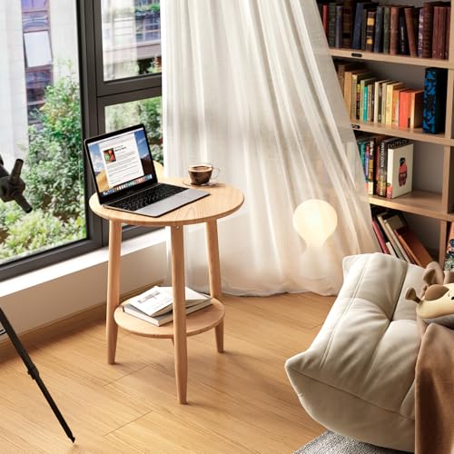 Round End Table,Solid Wood Small Round Table with Lower Shelf,Round Side Table，Nightstand for Small Spaces,Living Room,Bedroom(Natural) - color: Natural