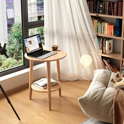 Round End Table,Solid Wood Small Round Table with Lower Shelf,Round Side Table，Nightstand for Small Spaces,Living Room,Bedroom(Natural) - color: Natural