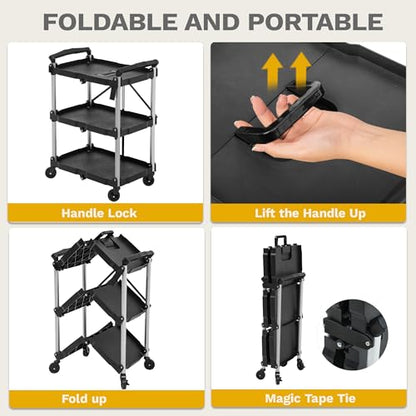 DWVO 3-Tier Foldable Service Cart with Swivel Wheels & Brake, 240LBS | Folding Utility Cart Heavy Duty Collapsible Rolling Cart, 240LBS Portable Utility Cart for Kitchen, Warehouse, Garage - size: 240 LBS