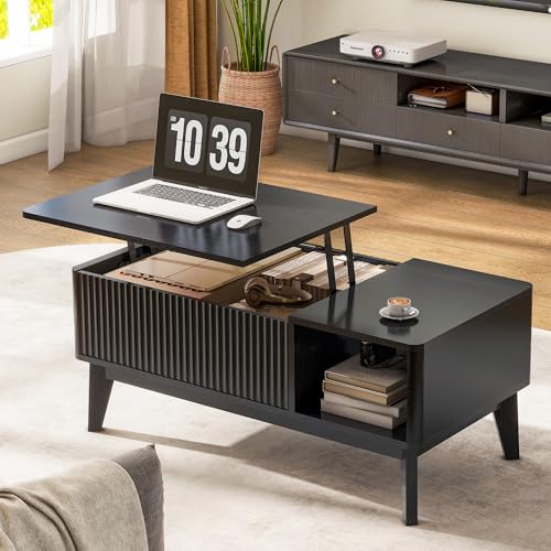 LYNCOHOME Fluted Coffee Table with Hidden Compartment, Wood Lift Top Coffee Tables, Modern Center Table for Living Room, Home Office, Black - color: Black, size: 18.9''D x 37.4''W x 16.2''H