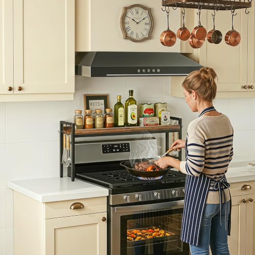 31 Inch Over the Stove Spice Rack, Adjustable 3-Tier Stove Top Shelf Equipped with 6 Utility Hooks to Organize Spices & Kitchen Gadgets (Browm) - color: Brown