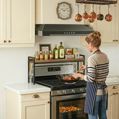 31 Inch Over the Stove Spice Rack, Adjustable 3-Tier Stove Top Shelf Equipped with 6 Utility Hooks to Organize Spices & Kitchen Gadgets (Browm) - color: Brown