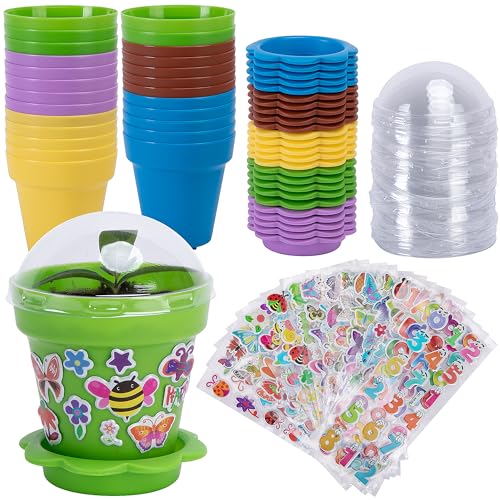 25 Packs Cupcake Plant Nursery Pots with Humidity Dome, Small Plastic Flower Plant Pots with 20 Sheet Stickers, Seeds Starter Pot Flower Planting Container for Seedlings Succulent Display (Mix Colors) - color: 25 Packs With 20 Sheet Stickers