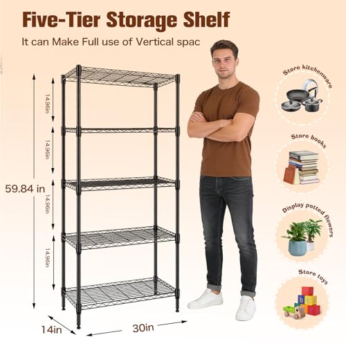 Wire Rack 5 Tier Shelving Unit - Heavy Duty Metal Storage Shelves 29.92" L x 13.78" W x 59.84" H Adjustable Wire Shelving Rack for Kitchen Storage Shelves, Garage Storage Rack | Multi Layer Adjustable Metal Wire Frame, Strong Weight Capacity, Great for Ki