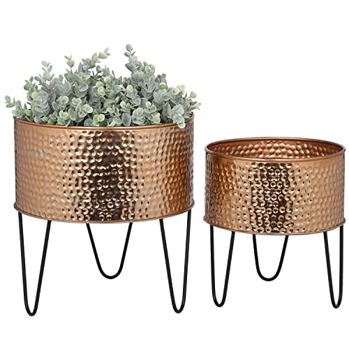MyGift Modern Hammered Copper Tone Planter Pot, 8 and 10 Inch Metal Round Plant Container with Matte Black Wire Stand, Set of 2 - Handcrafted in India - color: Copper