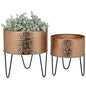 MyGift Modern Hammered Copper Tone Planter Pot, 8 and 10 Inch Metal Round Plant Container with Matte Black Wire Stand, Set of 2 - Handcrafted in India - color: Copper