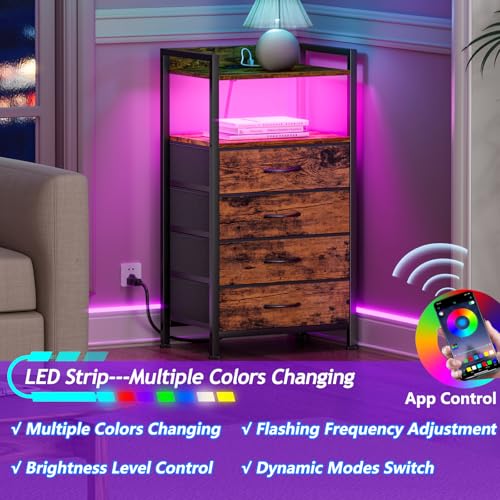 Furnulem Night Stand with Charging Station, 4 Drawer Tall Bedside Table | small dresser for bedroom, with LED light & Remote Control, Fabric Bins and Metal Frame,Wood Desk Top,Easy Assemble for Dorm - color: Rustic Brown