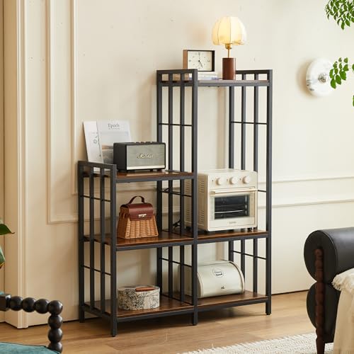 Mini Fridge Stand with Storage,6-Tier Adjustable Bakers Rack with Power Outlet, Mini Fridge Cabinet Shelf, Utility Microwave Stand for Kitchen Living Room Office Dorm