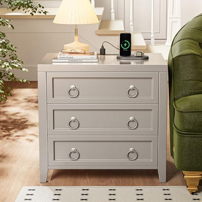 Huuger Paint Night Stand with Charger Station, 3 Drawer Nightstand Set of 2 | Larger Wider Bedside Table with USB-C Port, Modern End Table, for Bedroom, Living Room, Grey Nightstand - color: Grey