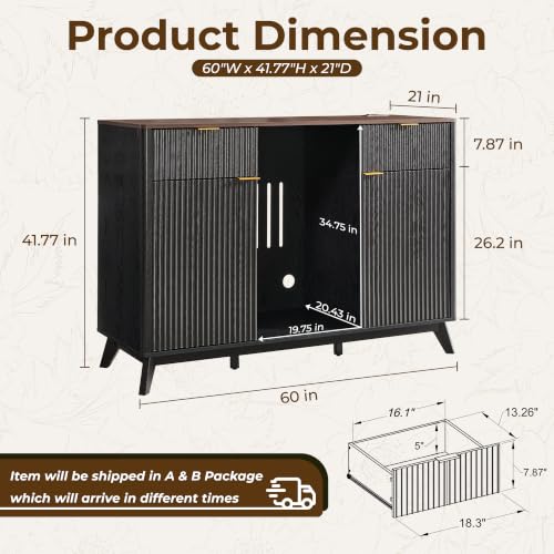 OKD 60" Fluted Coffee Bar Cabinet with Mini Fridge Space, Black and Walnut | Mini Fridge Compatible, Built In Charging Station, 3 Stemware Racks, 2 Drawers, 2 Cabinets, Home Bar Cabinet Storage - color: Black and Walnut
