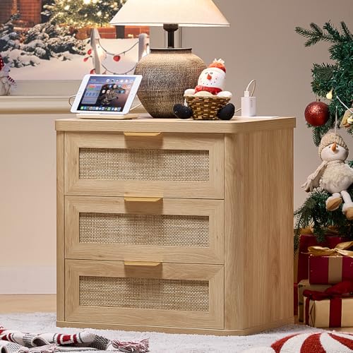 LEYAOYAO Rattan 23" Nightstands with Charger for Bedroom | Gold Metal Handle, Storage Shelf, Oak Night Stand, Boho Bedside Table, Bed Side End Tables Living Room, Hallway - color: Natural Wood, size: 15.5"D x 23"W x 24.2"H (3 Drawers)