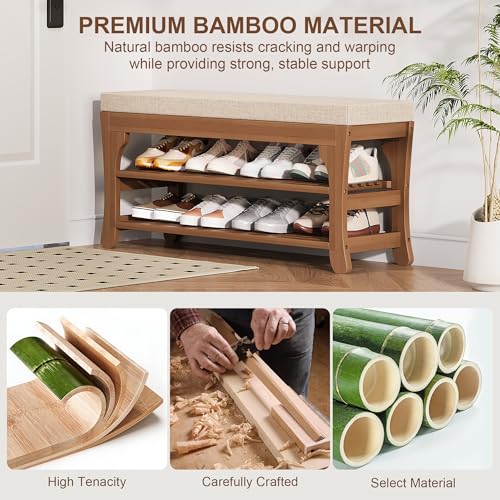 PETKABOO 39.4" Shoe Storage Bench with Cushion, Bamboo Shoe Rack Bench, 2-Tier Entryway Shoe Organizer, Supports up to 380 LB, for Hallway, Bedroom, Closet, Living Room - size: 39.4"