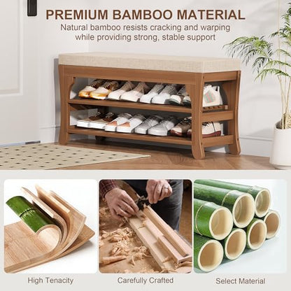 PETKABOO 39.4" Shoe Storage Bench with Cushion, Bamboo Shoe Rack Bench, 2-Tier Entryway Shoe Organizer, Supports up to 380 LB, for Hallway, Bedroom, Closet, Living Room - size: 39.4"