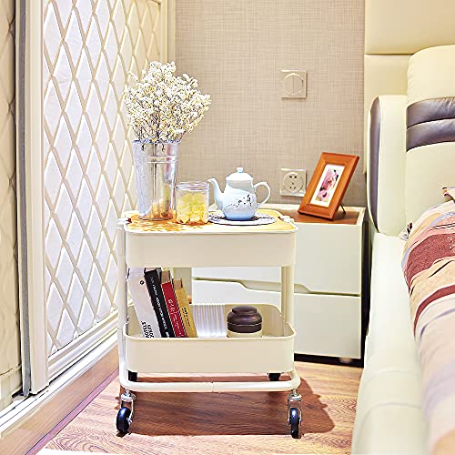 Melody House 2-Tier Metal Utility Rolling Cart Storage Side End Table with Cover Board for Office Home Kitchen Organization, Cream White - color: A- Cream White