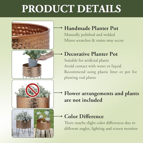 MyGift Modern Hammered Copper Tone Planter Pot, 8 and 10 Inch Metal Round Plant Container with Matte Black Wire Stand, Set of 2 - Handcrafted in India - color: Copper