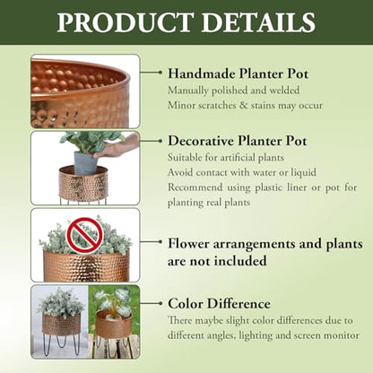 MyGift Modern Hammered Copper Tone Planter Pot, 8 and 10 Inch Metal Round Plant Container with Matte Black Wire Stand, Set of 2 - Handcrafted in India - color: Copper