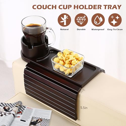 Couch Cup Holder Tray, 15.75" Bamboo Cup Holder for Couch, 3 in 1 Foldable Arm Chair Clip on Side Tray Table for Remote Snack Table on Armrest - color: Black Walnut