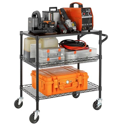 Finnhomy 3 Tier Heavy Duty Commercial Grade Utility Cart with Wood Top, Wire Rolling Cart with Wheels and Handle Bar, Kitchen Carts on Wheels, Metal Cart with 600 LBS Capacity, Black - style: 30“L Black