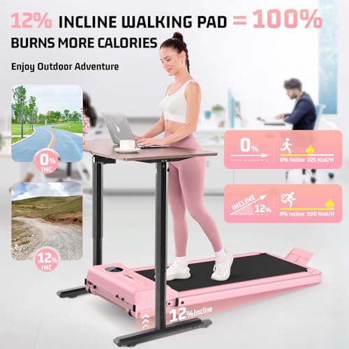 FUNMILY Upgrade Walking Pad Folding Treadmill with 12%/15% Incline & Handle Bar, 3.5HP Foldable Under Desk Compact Treadmills for Home/Office/Gym, 400+lb Capacity, Shock Absorption - color: Best Baby Pink T