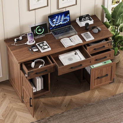 55" Farmhouse Executive Desk with Charging Station & Power Outlet, Home Office Computer Desk with 5 Drawers and Storage Cabinet, Rustic Wood Writing Study Table with File Drawer (Walnut-05) - color: Walnut-05