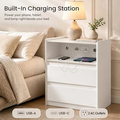 24" Tall Nightstand with Charging Station Including USB-C, Modern Bedside Table and Sofa End Table - White, 2 Drawers, 1-Pack - color: White, size: 1-Pack, style: 2 Drawers