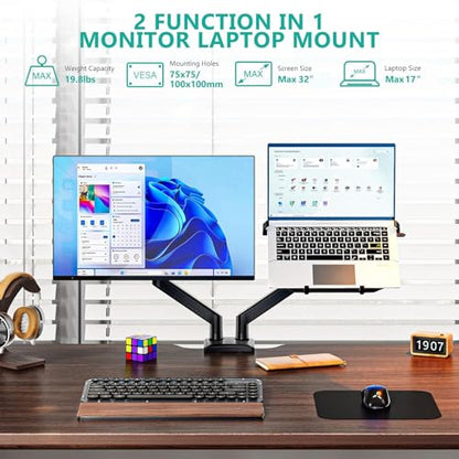 WALI Laptop Desk Mount, Dual Monitor Arm with Laptop Holder, Adjustable Height Laptop Arm Mount for Desk, Fits 17” Notebook and 32” Monitors, Up to 22Lbs (GSMP002LP), Black - size: Dual, style: Fully Adjustable Desk Mount