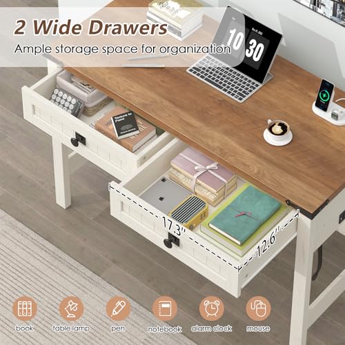 YOMILUVE Farmhouse Computer Desk with 2 Drawers, 39 Inch Small Office Computer Desk with Power Outlets, Compact Writing Study Desk for Small Spaces, Antique White - color: Antique White